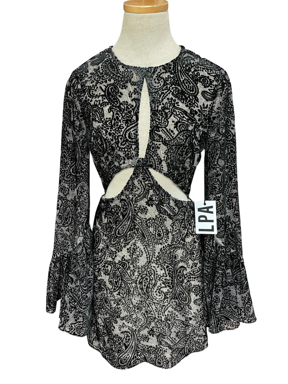 LPA Revolve Dress Cut Outs Bell Sleeves Black Paisley NWT Size XS